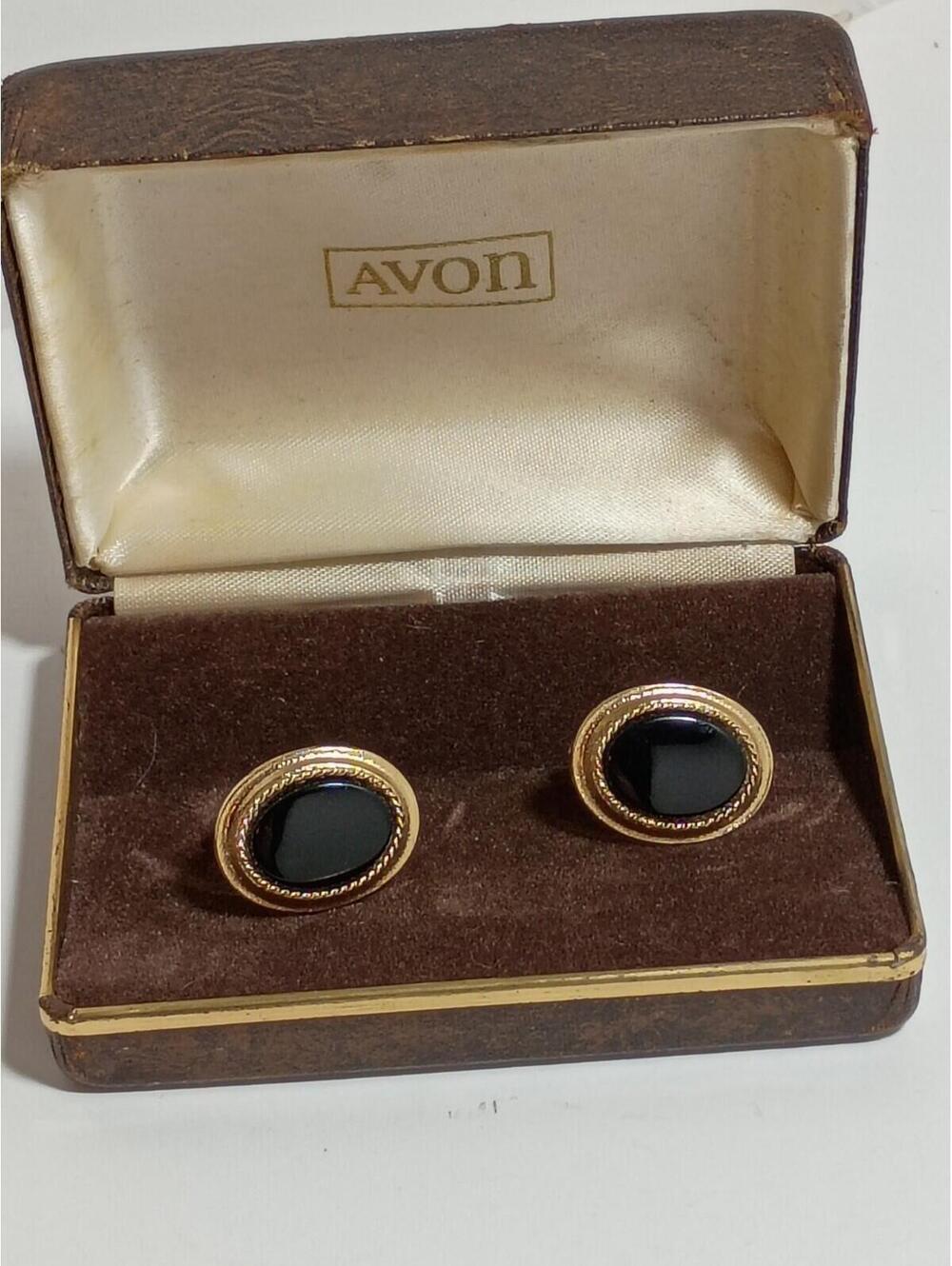 Vtg CUFFLINKS  Mens Gold Tone  Avon Bullet Back Convertible Black  Onyx Lg Oval